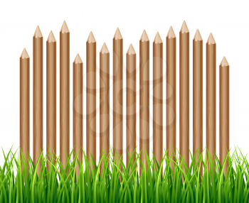 Rural wooden fence, palisade in green grass vector illustration. Garden wood farm fence