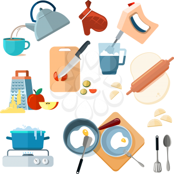 Kitchen cooking processes, grated vegetables, mixer, fried, dough, boil, grinding. Various actions to prepare meals vector, prepare lunch and breakfast illustration