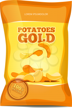 Crisp potato chips snacks vector bag package. Salted chips package, illustration of nutrition chips pack