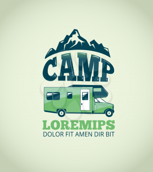 Camping wilderness adventure vector background. Logo for camp and illustration emblem with trailer for camp