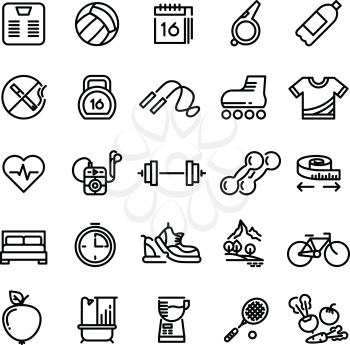 Fitness health sport vector outline icons. Dumbbell and bike for training, stopwatch and calenda in linear style