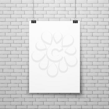 Blank white poster on brick wall vector illustration. Empty paper poster isolated on wall. Exhibition with white banner or poster