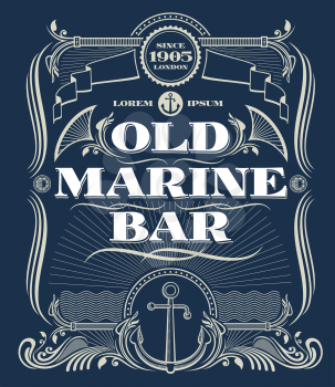 Vintage border western vector frame, old marine bar label. Illustration frame with anchor for marine bar and nautical old bar