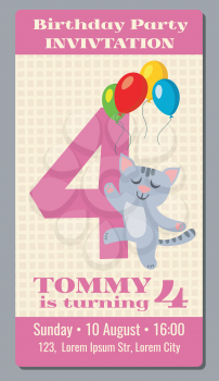 Birthday holiday greeting and invitation with cute cartoon cat vector card 4 years old. Birthday party with cat , card or poster to event birthday illustration