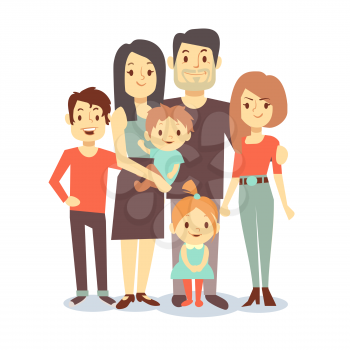 Cute cartoon family mom and dad, vector characters family in casual clothes, father and mother with children. Illustration of big happy family