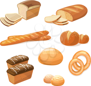 Bakery and pastry products. Various sorts of bread vector icons. Bakery food for breakfast, illustration of bakery bread and baguette