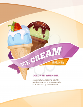 Delicious ice cream vector vintage poster template. Banner with ice cream, illustration card for cafe ice cream