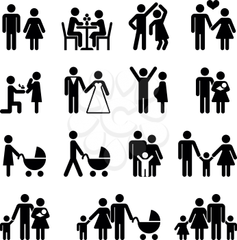 People family vector icon set. Love and family life black pictograms illustration