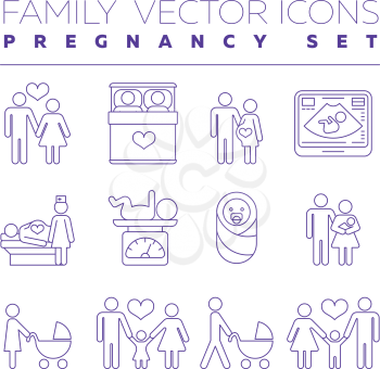 Family health care and pregnancy medicine thin line vector icons. Family with pregnant woman, illustration of creation of young family