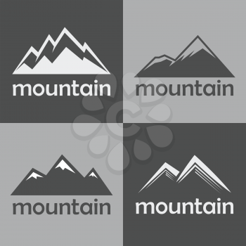 Mountain flat icons on gray background. Silhouette rock for sport logo. Vector illustration