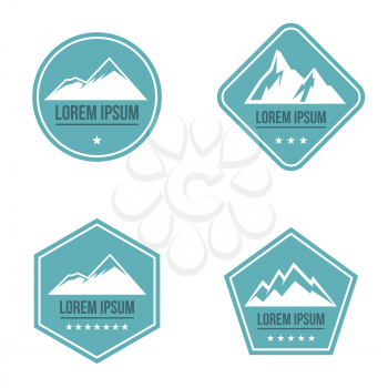 Mountain white logo on blue background. Set of logo for outdoor travel. Vector illustration
