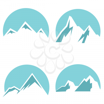 White mountain flat icons on blue background. Peak of mountain. Vector illustration