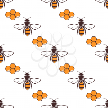 Bees, honey vector seamless pattern in brown and orange. Honeycomb natural background illustration