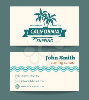 Surfing school instructor card template. Banner with wave ocean, vector illustration