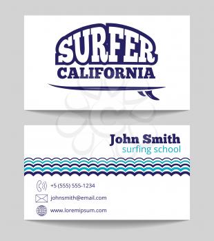 Surf instructor business card both sides template. Surfing school vector illustration