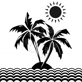 Palm trees and sun design elements. Tropical black silhouette tree. Vector illustration