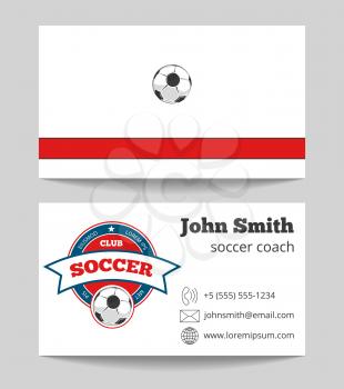 Soccer coach business card template with logo. Football trainer card, vector illustration