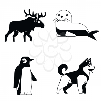 Polar animals in simple monochrome style on white shadow. Vector illustration