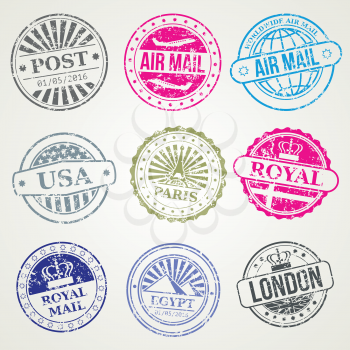 Retro postage stamps for airmail vector. Set of stamp with name city, illustration of vintage stamps