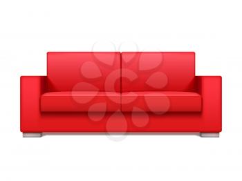 Red leather realistic sofa for modern living room interior vector illustration. Sofa for office interior, design realistic sofa isolated on white background