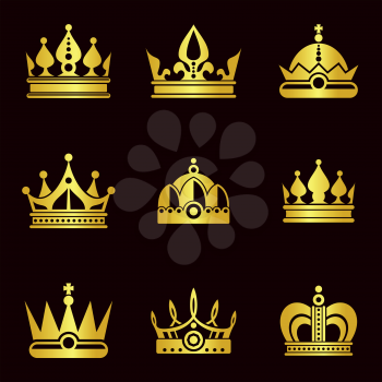 Golden crown set vector illustration on dark background