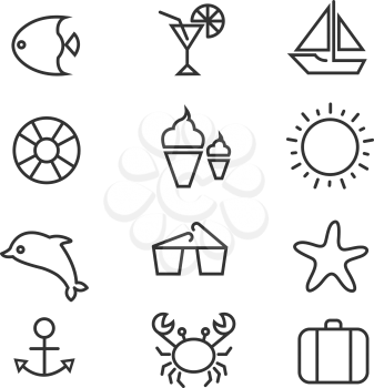 Summer holiday, tropical beach thin line vector icons. Summer cocktail and set of summer icons, dolphin crab and sun illustration