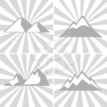 Mountain gray icons on striped background. Mountaineering and climbing emblems. Vector illustration