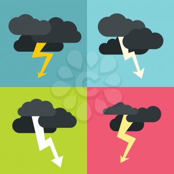 Thunderclouds flat icons on color background. Storm cyclone with dark clouds. Vector illustration