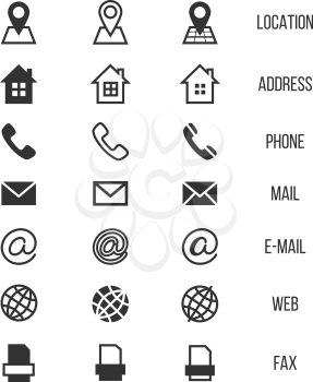 Business card vector icons, home and phone, address and telephone, fax and web, location symbols. Contact of telephone for communication illustration