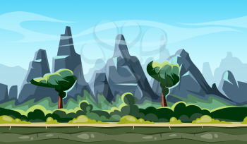 Cartoon nature landscape with trees, mountains, blue sky and clouds. Seamless vector background for smartphone app and computer games. Vector illustration