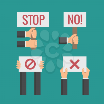 Hands holding No, Stop, Cross, Forbid protest signs. Vector flat set. Revolution and objections, page with text illustration