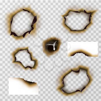 Burnt hole in paper or pergament, scorched paper vector set. Damage edge and destroyed sheet illustration