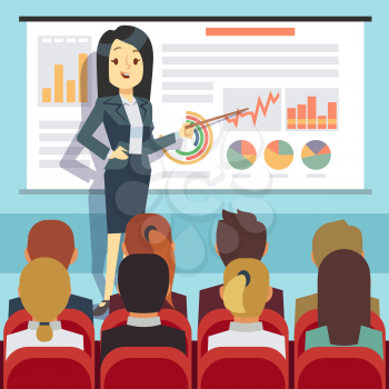 Business conference, seminar with speaker in front of audience. Business motivation vector concept. Businesswoman presentation lecture illustration