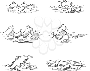Sea and ocean waves, water splashes in vector hand drawn, sketch, doodle style. Drawing sea storm wavy motion illustration