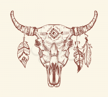 Aztec tribal buffalo skull vector t-shirt print, tattoo. Dead animal cow skull totem with feathers. Hand drawn skull cow illustration