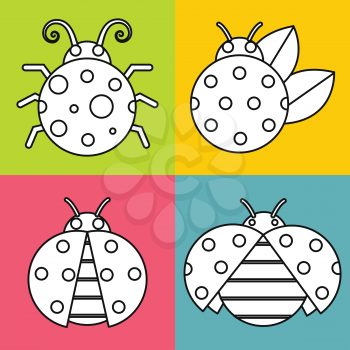 White ladybugs with white stroke on color background. Vector illustration