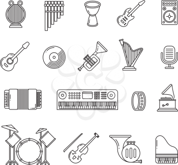 Music concert instruments thin line vector icons. Set of instruments guitar piano and violin, illustration of classical instrument