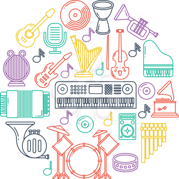 Vector music poster with musical instruments line icons. Concert instruments in form round. Musical guitar, drum and microphone illustration