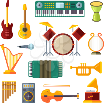 Music instrument flat vector icons. Guitar and piano, trumpet and microphone illustration