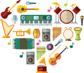 Jazz festival vector poster with music instruments in heart shape design. Instrument guitar piano for jazz, classic jazz festival illustration