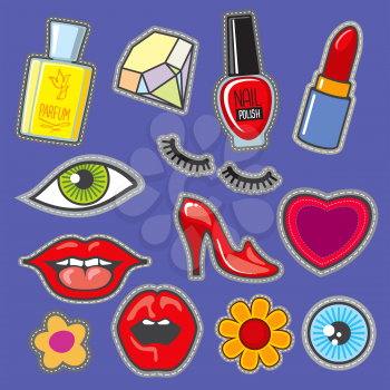 Embroidery fabric vinyl collection, sweet patches, textile sticker vector set. Embroidery badge heart and lipstick, illustration of embroidery crystal and flower