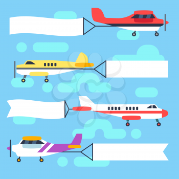 Flying airplanes and helicopters with blank banners and flags vector set. Banner for advertisement message, ribbon with colored plane in sky illustration