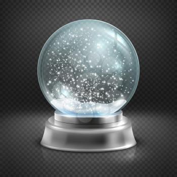 Christmas snow globe isolated on transparent checkered background vector illustration. Winter in glass ball, crystal dome with snowflake