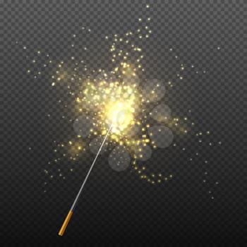 Realistic magic wand with sparkles isolated on transparent checkered background vector illustration. Miracle and wish with golden glitter