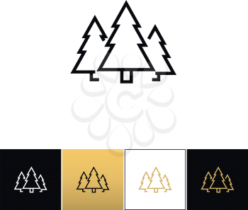 Forest symbol or evergreen trees vector icon. Forest symbol or evergreen trees program on black, white and gold background