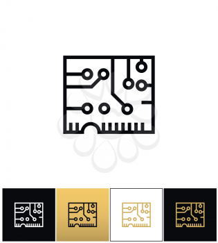 Electronics computer circuit chip vector icon. Electronics computer circuit chip pictograph on black, white and gold background