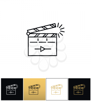 Film clapping clap board or clapperboard vector icon. Film clapping clap board or Clapperboard pictograph on black, white and gold background