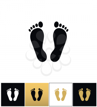 Footprints or human foot prints vector icon. Footprints or human foot prints pictograph on black, white and gold background