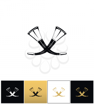 Crossed hunting horns vector icon. Crossed hunting horns pictograph on black, white and gold backgrounds