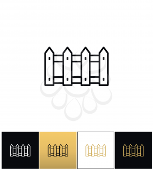 Fence or wood picket line vector icon. Fence or wood picket line pictograph on black, white and gold backgrounds